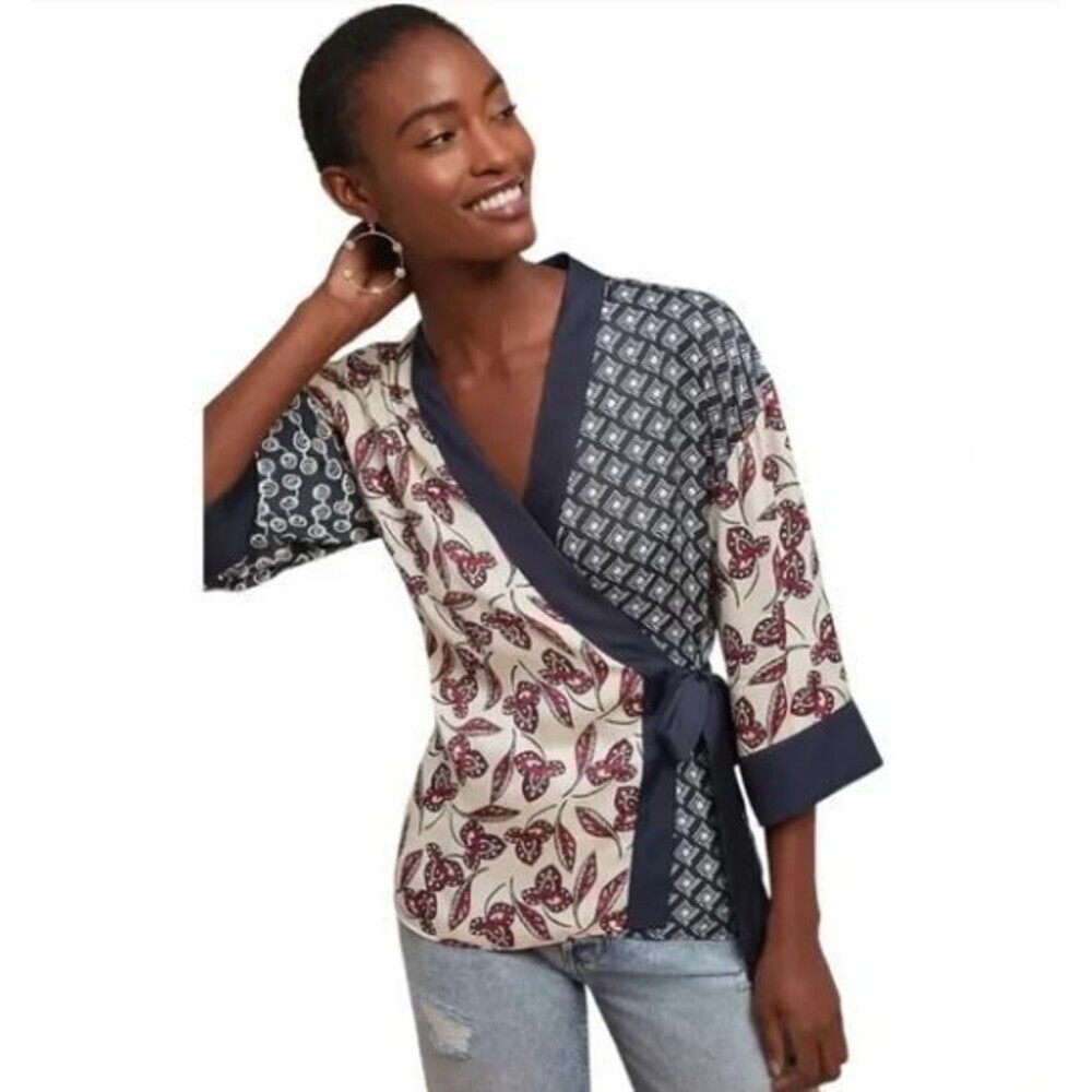 Anthropologie Meadow Rue Mixed Print Wrap Top XS Boho Kimono Tie Waist Blouse